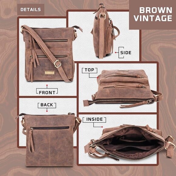 Genuine Leather Crossbody Bag with front Metal Zipper Pockets and long handle - - Picture 3 of 7